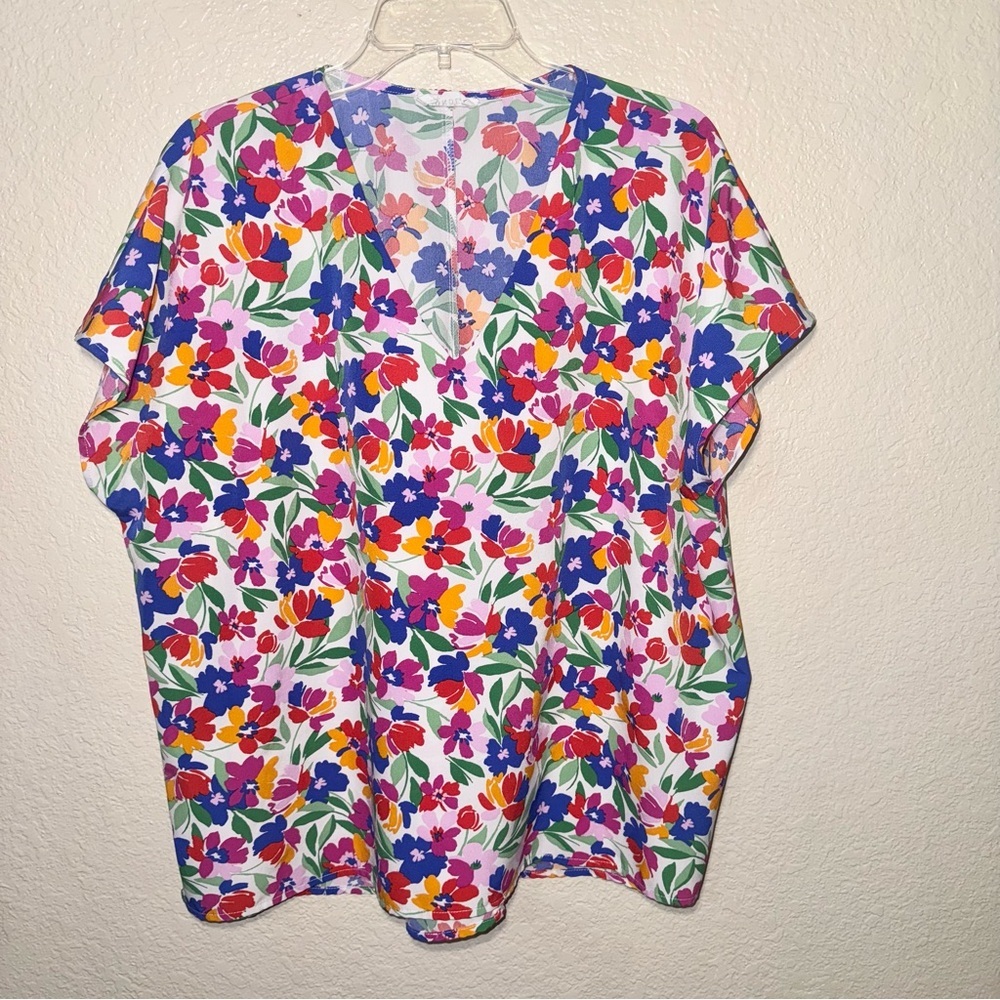 Emily Wonder Floral V Neck Sleeveless Blouse Women’s Large Artsy Casual Top